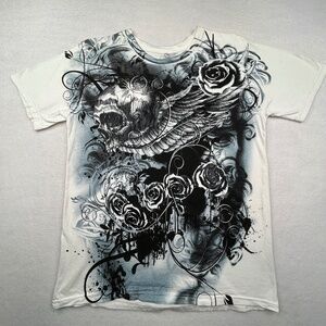 Apostasy Y2K VINTAGE Medium Graphic Tattoo T-shirt Winged Skull Rose Back Hit